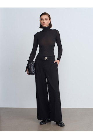 Dilvin 72244 Gold Düğmeli Geniş Paça Pantolon-siyah Siyah