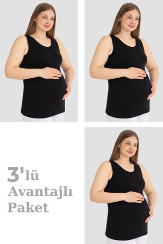 Floranova Anne Ürünü Giyim Çeşidi Kıyafet Hamile Atlet Kalın Askılı Pamuklu Likralı Esnek Siyah 3'lü Paket Siyah-3