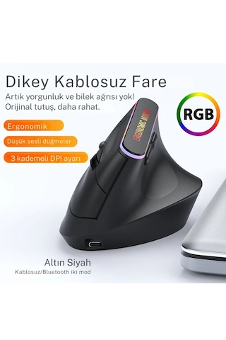 Techtic 2.4g Kablosuz Dikey Tasarım Mouse Çift Modlu Rgb Ergonomik Şarj Edilebilir Sessiz Mod Ofis Oyun Dikey Ergonomik