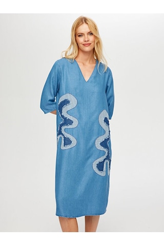 Faik Sönmez Soyut Aplike Detaylı V Yaka Tenselli Jean Elbise S25jel001 Us25jel00127 Indigo