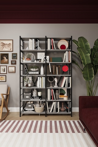 Asra Trend 6 Raflı Metal Kitaplık METALK02 %100 MDF İki Modüllü Geniş Kütüphane Kül Gri