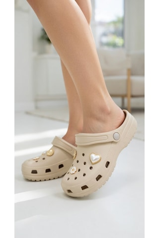 Stil Shoes Kadın Croks Eva Terlik Hafif Rahat Şık Taşlı Yumuşak Terlik Bej