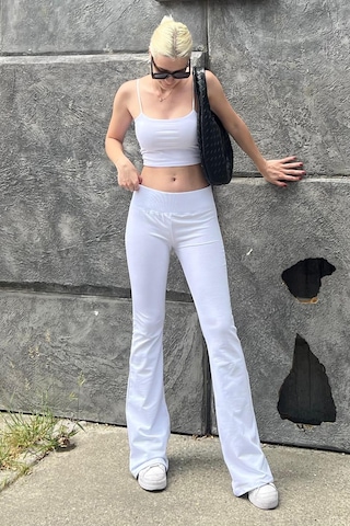 Madmext Beyaz Beli Fitilli Yüksek Bel İspanyol Paça Pantolon Mg2096-beyaz Beyaz