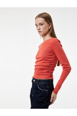 Koton Pamuklu Slim Fit Kayık Yaka Drapeli Uzun Kollu Tişört Turuncu 6wal10195ık Turuncu