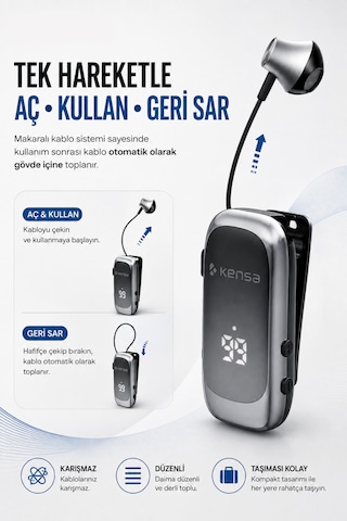 Kensa Makaralı Kulaklık Bluetooth 6.0 20 Saat Konuşma Dijital Ekran Titreşimli Hızlı Şarjlı