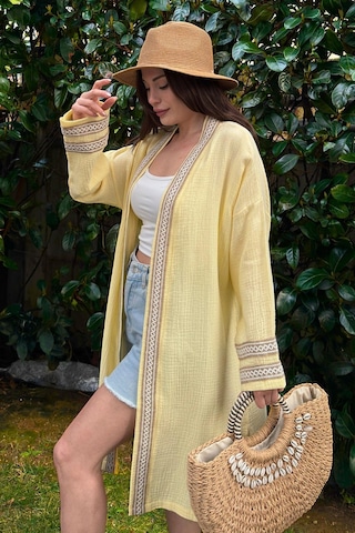 Kadın Sarı Müslin Kumaş, Hasır Şerit Detaylı Salaş Kimono Ceket Sarı
