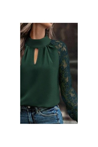 Butik İstanbul Kadın Uzun Kollu Göğüs Pencere Detay Yaka Boğazlı Kolları Tüllü Sandy Bluz Yeşil