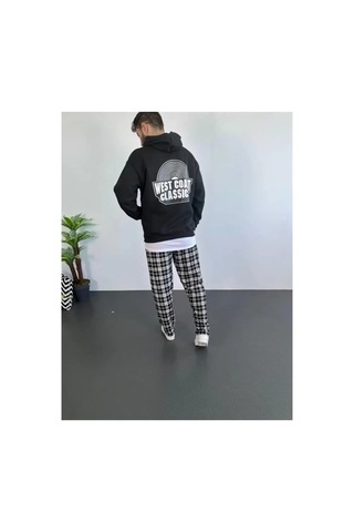 Valensdesign Erkek Sırt Baskılı Kapüşonlu Üç İplik Oversize Sweatshirt - Siyah