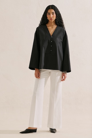 Manuka Poplin Geniş Kol V Yaka Gömlek Siyah Ss26gml00023-021.10199 SİYAH