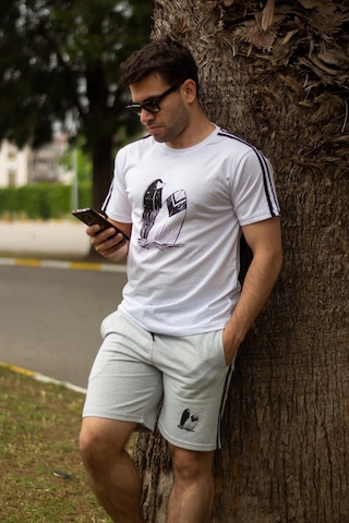 Erkek Gri Beyaz Alt Üst Takım Pamuklu Rahat Yumuşak Dokulu Şort Takım 23eest0171 001