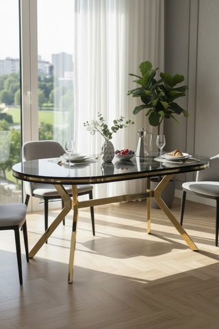 Zae Mdf Yemek Masası 90x170 Cm Siyah Mermer/gold Siyah Mermer/gold
