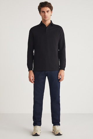 Grımelange JOHN Erkek Polo Sweat Gömlek Yakalı Arkası Uzun Yırtmaçlı Diagonel Kumaşlı Siyah Sweatshirt