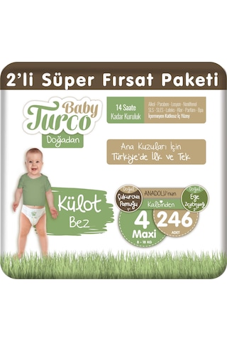 Baby Turco Doğadan 2'li Süper Fırsat Paketi Külot Bez 4 Numara Maxi 246 Adet