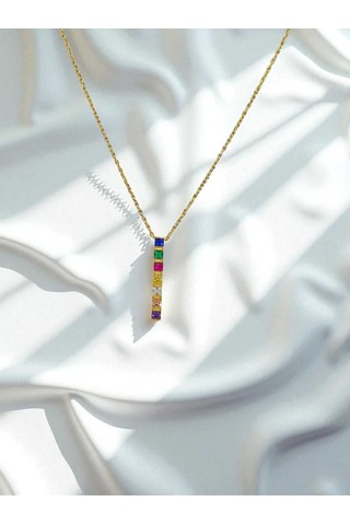 Renkli Taşlı Bar Model 925 Ayar Gümüş Kolye Modern Ve Canlı Tasarım Gümüş