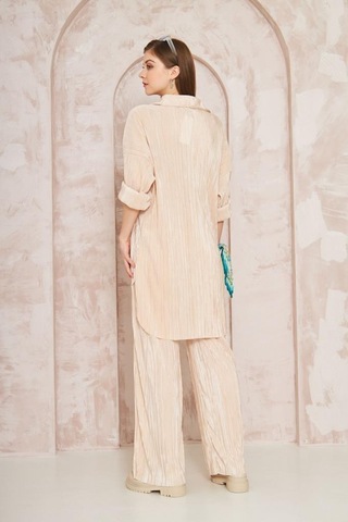 Kadın Pliseli Beli Lastikli Pantolon Tunik Gömlek Ikili Bürümcük Salaş Takım 3573300 Bej