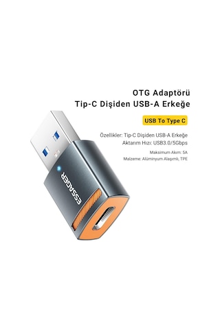 Essager Usb To Type-c Otg Dönüştürücü Adaptör, 5 Gbps Veri Aktarım, Usb Type C Çevirici, Klavye, Mouse Çevirici