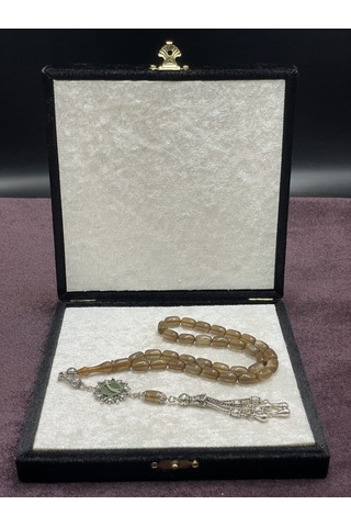 Alpaka Mineli Madalyonlu Sedef Simli Ateş Kehribar Tesbih Kahve Tonları, 7x11 Mm Kahverengi