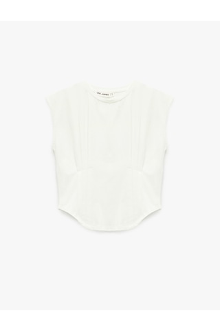 Koton Dikiş Detaylı Slim Fit Bisiklet Yaka Kolsuz Crop Tişört Ekru 6sal10009ık Ekru
