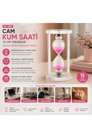 İbico İ12-254 Fys-001 Büyük Boy Cam Kum Saati - Cam Standlı, 7.5 Cm Çap, 15 Cm Yükseklik Diğer