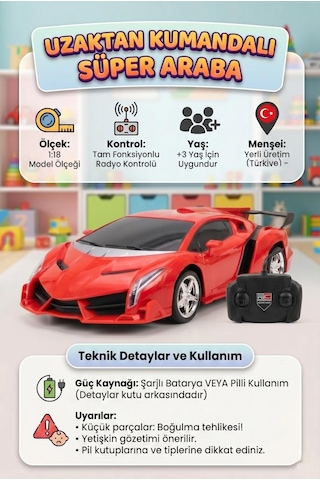 Uzaktan Kumandalı Süper Araba 1:18 Ölçekli 4 Fonksiyonlu Radyo Kontrol Sistemli Oyuncak Araba