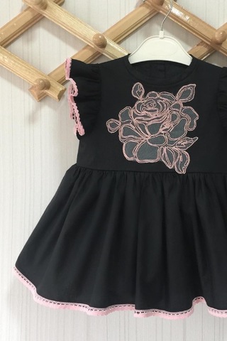 Gül Aplike Ve Dantel Detaylı Kız Çocuk Bebek Siyah Pamuklu Elbise 001