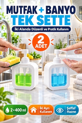 2'li Set 400 Ml Tezgâh Üstü Sıvı Sabunluk Şeffaf Hazneli Banyo Mutfak Bulaşık Deterjanlık Takımı Byz Beyaz