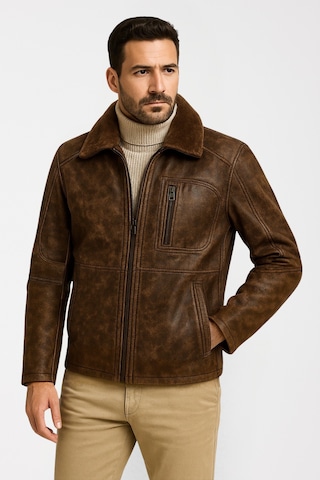 Derije Carlos Hakiki Deri Erkek Vintage Seyar Kürk Yaka Mont Kahverengi
