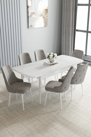 Zümra Serisi, Beyaz 80x132 Açılabilir Mdf Mutfak Masası Takımı 6 Adet Sandalye, Gri
