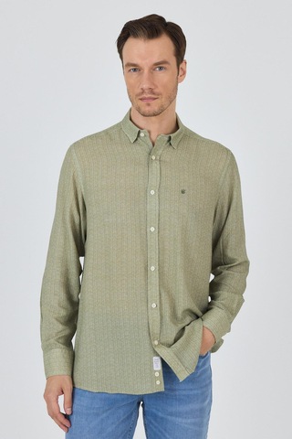 İmza Koyu Haki Uzun Kol Baskılı Cepsiz Keten Casual Slim Fit Gömlek 1004250112 Koyu Haki