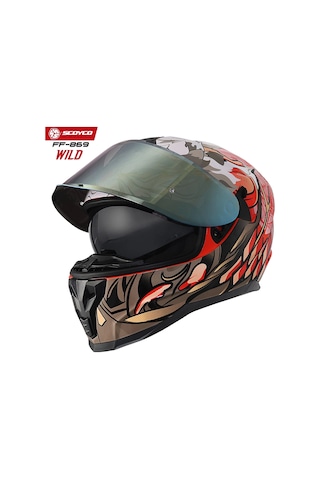 Scoyco FF-869 Wild Sarı Camlı Güneş Vizörlü Kapalı Kask Beyaz - Gri - Turuncu