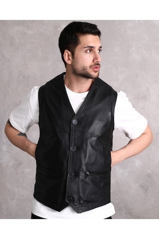 Hakiki Deri Yelek Yandan Cepli Erkek Siyah