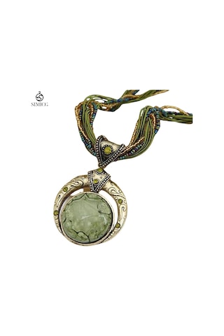 El Dokuması Bohem Pirinç Boncuklu Retro Etnik Tarzda Yuvarlak Değerli Taş Kolye Yeşil