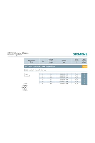 Siemens 3X20 Amper Anahtarlı Otomatik Sigorta C1 20A 6Ka