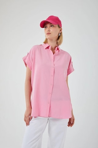 Mixray 3967 Kadın Apoletli Kısa Kol Oversize Gömlek Şeker Pembe