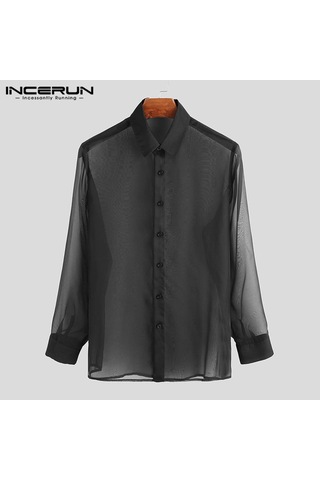 İncerun Yaz Erkek Uzun Kollu Gömlek İnce Düğme Clubwear Parti Siyah Üstler Siyah
