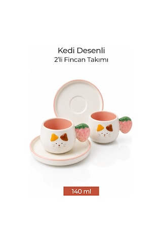 Kedi Desenli Çilek Kulplu 2'li Kahve Fincanı 140 Ml Diğer