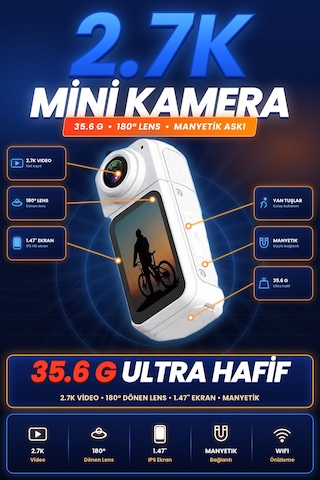 Blue Inter Smart Panora Aksiyon Kamera Döner Lensli Ekranlı Taşınabilir Vlog Kamerası Mini Spor Kamerası