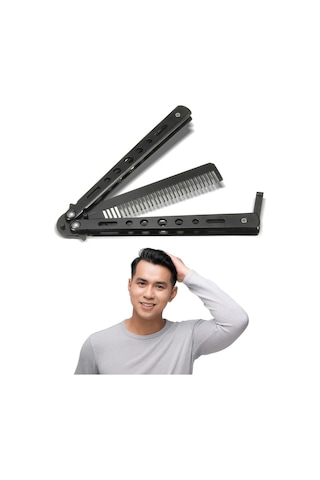 Buffer Siyah Katlanabilir Paslanmaz Çelik Kelebek Bıçak Tarak Sakal Bıyık Fırçası Profesyonel Saç Kesimi İçin Tarak