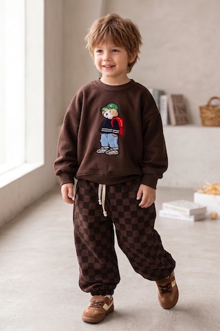Babymod Erkek Çocuk Ayıcık İşlemeli 3 İplik Pamuklu Kumaş Sweatshirt Ve Damalı Eşofman Altüst Takım Kahverengi