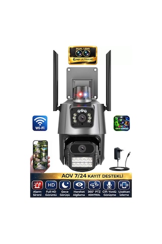 Sw-318 Dual Lens 6mp Wifi Güvenlik Kamerası Gece Görüşlü Hareketli Sesli Çakarlı Alarm Akıllı Kamera