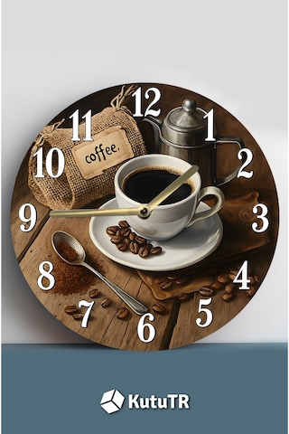 Zamanın Klasik Lezzeti Kahve Temalı Sessiz Yuvarlak Ahşap Duvar Saati, Kuvars Coffe 2d Sdw2012 Renkli