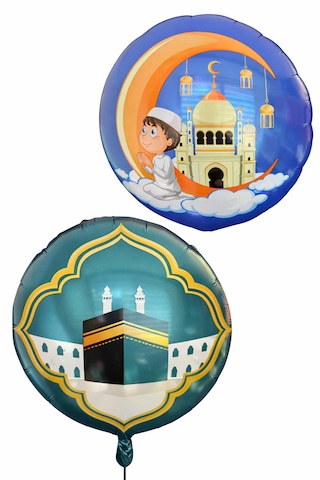 2li Ramazan Folyo Balon Set 45cm Dua Eden Çocuk Ve Kabe Hilal Cami Hoşgeldin Bayramı Temalı Dini Süs Mavi - Yeşil