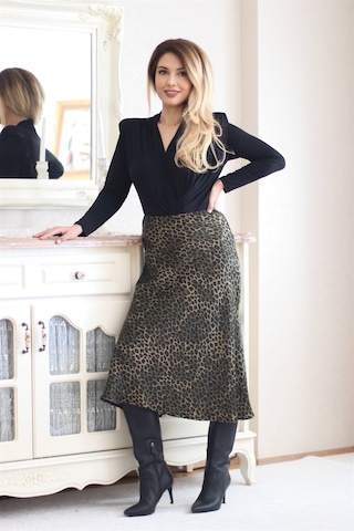 Ritnice Kadın Yeşil Leopar Midi Saten Etek