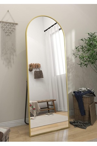 Zer 160x55 Kemerli Zemin Aynası,tam Boy Aynalı Duvar Aynası, Yatak Odası, Giyinme Odası İçin Standlı Gold