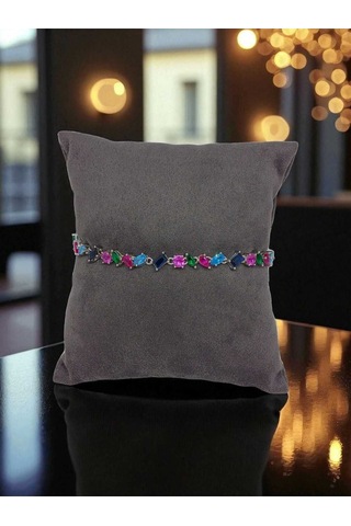 Karışık Kesim Renkli Taşlı Asimetrik Tasarımlı 925 Ayar Gümüş Bileklik Göz Alıcı Trend Model Gümüş