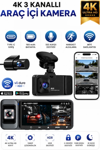 K02 Premium 3 Lens Araç İçi Kamera Wifi Gps 4k Ultra Hd Ön Arka İç Kamera Gece Görüşü Park Modu Dvr 31519350