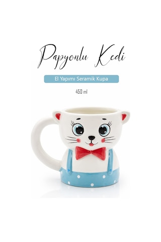 Papyonlu Kedi Figürlü El Yapımı Kupa - Mug, 450 Ml Beyaz