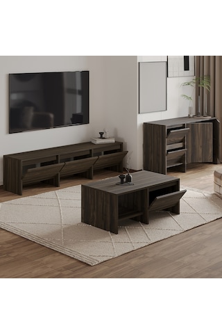 Laris Üçlü Set Tv Sehpası, Konsol Ve Orta Sehpa İle Modern Yaşam Alanları İçin Takım Ceviz