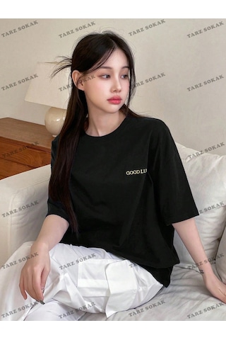 Adrift Good Lucky Baskılı Oversize Kalıp Unisex T-shirt Siyah