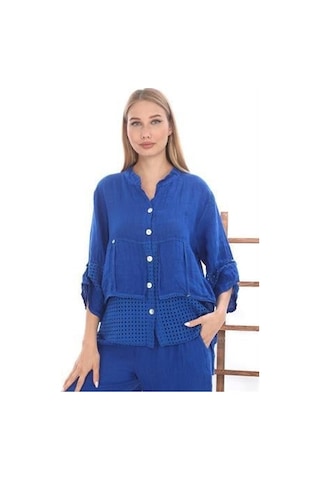 Bohem Stil İtalyan Fisto Detaylı Keten Pantolon Ceket Takım-9196 Saks Mavi